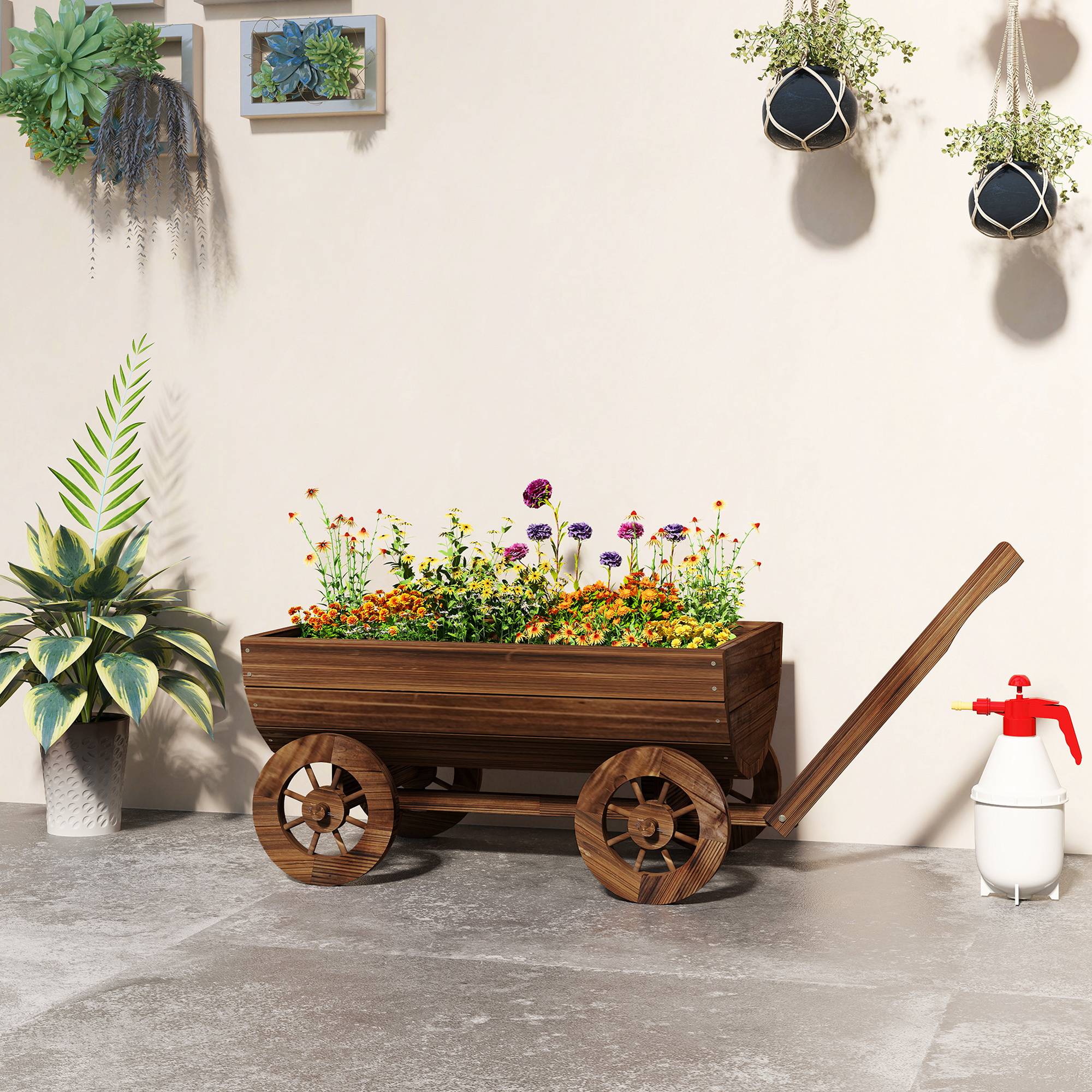 Chariot en bois à 4 roues avec poignée, jardinière d'extérieur avec trou de drainage, 115 x 40 x 54,5 cm, carbonisé - Image 4