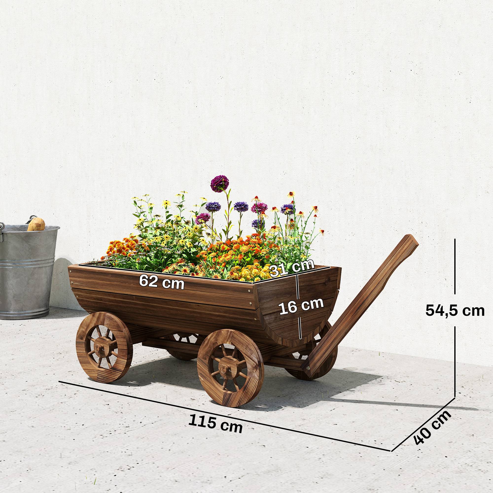 Chariot en bois à 4 roues avec poignée, jardinière d'extérieur avec trou de drainage, 115 x 40 x 54,5 cm, carbonisé - Image 5