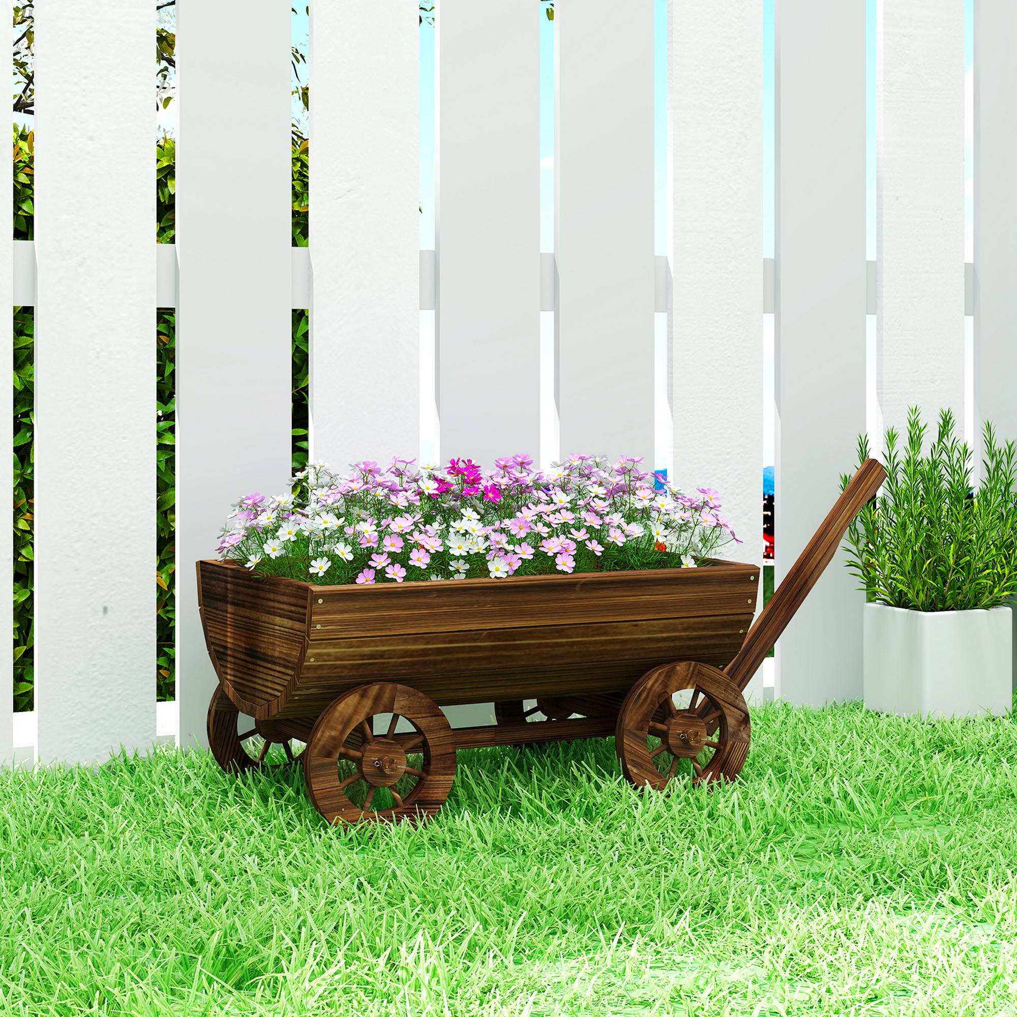 Chariot en bois à 4 roues avec poignée, jardinière d'extérieur avec trou de drainage, 115 x 40 x 54,5 cm, carbonisé - Image 3