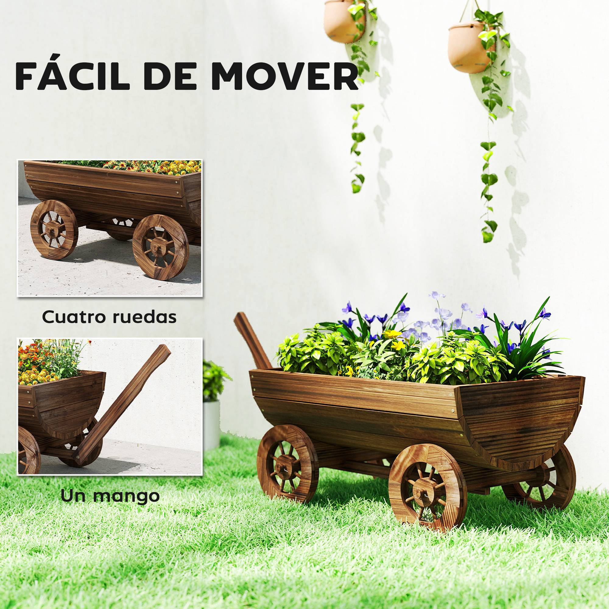 Chariot en bois à 4 roues avec poignée, jardinière d'extérieur avec trou de drainage, 115 x 40 x 54,5 cm, carbonisé - Image 8