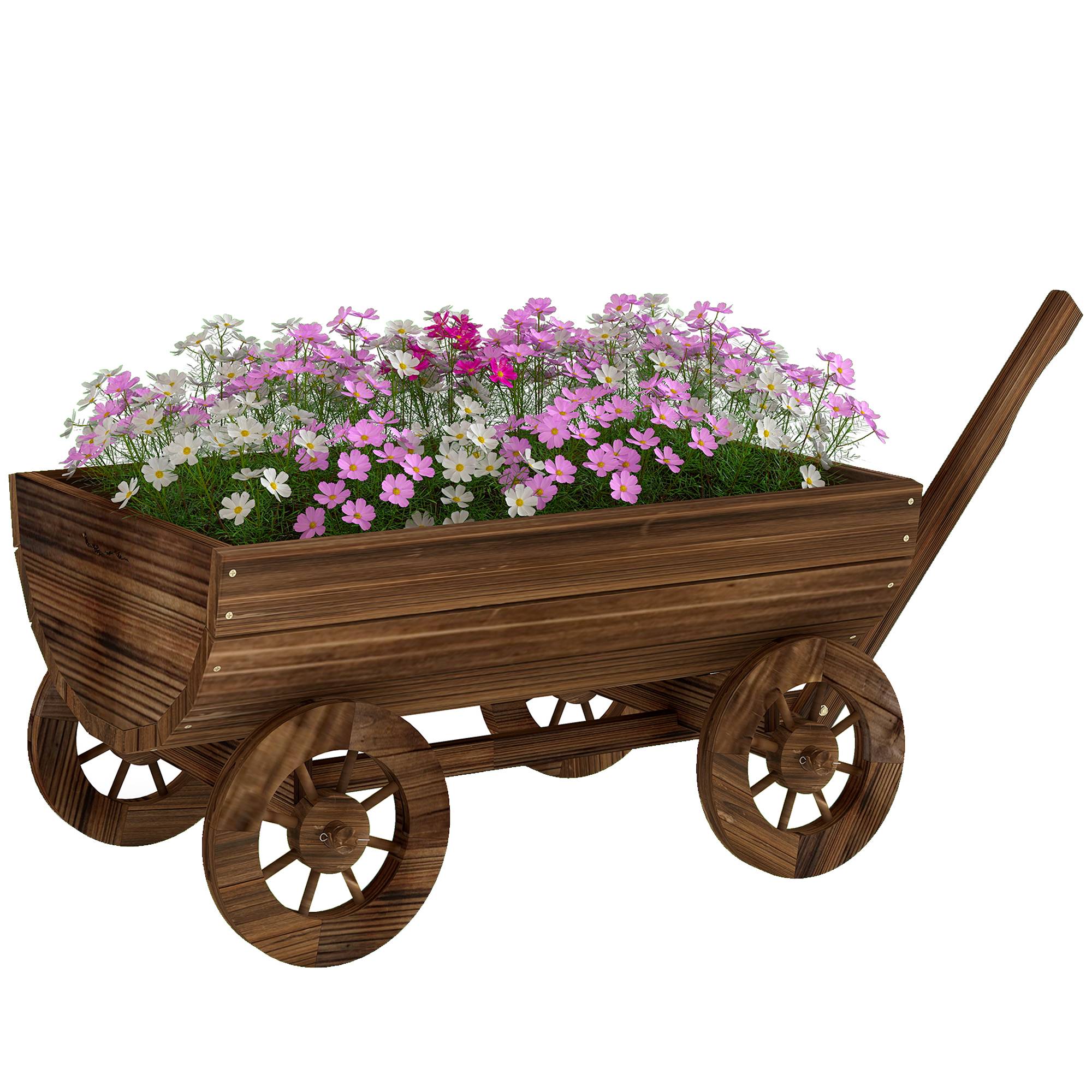 Chariot en bois à 4 roues avec poignée, jardinière d'extérieur avec trou de drainage, 115 x 40 x 54,5 cm, carbonisé - Image 1