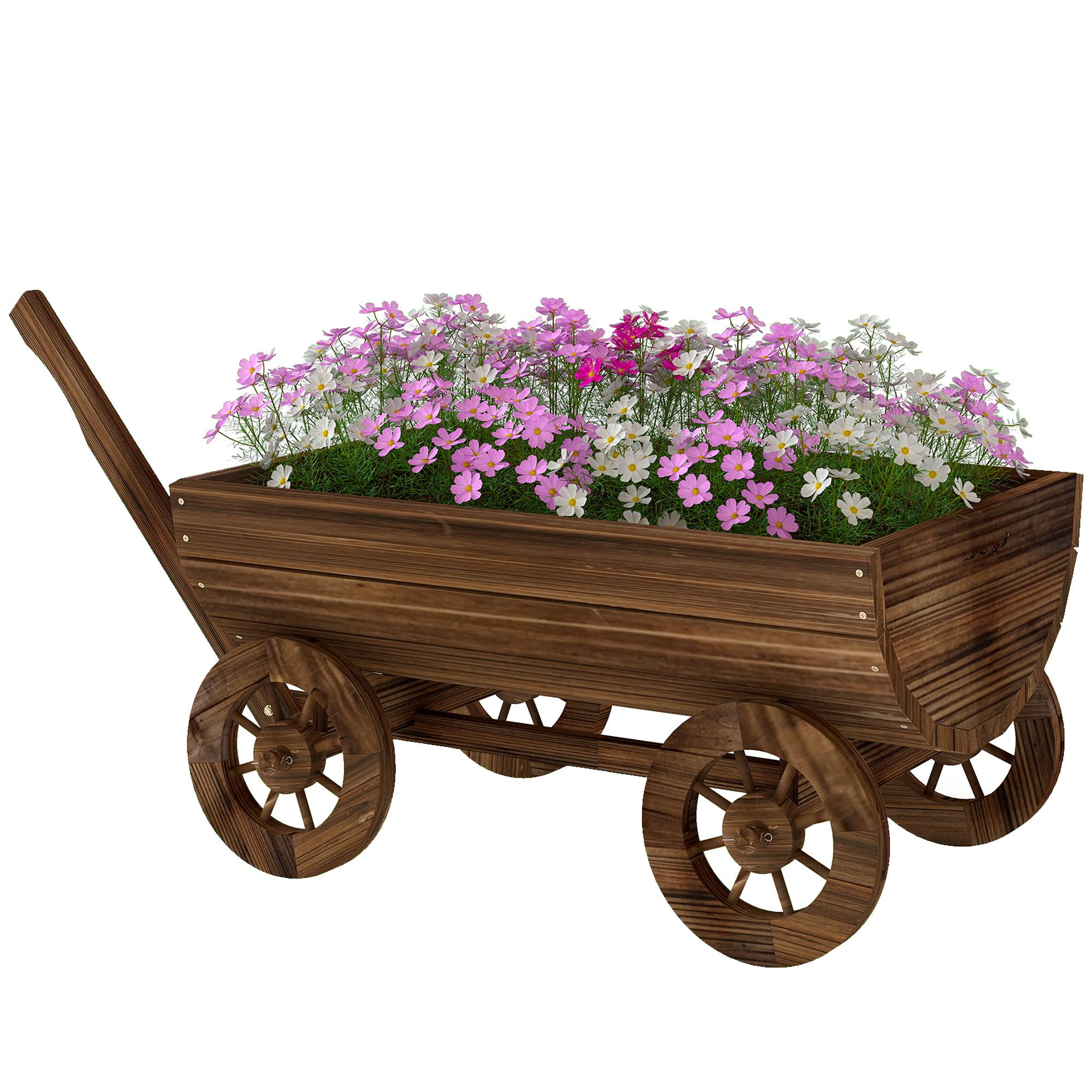 Chariot en bois à 4 roues avec poignée, jardinière d'extérieur avec trou de drainage, 115 x 40 x 54,5 cm, carbonisé - Image 2