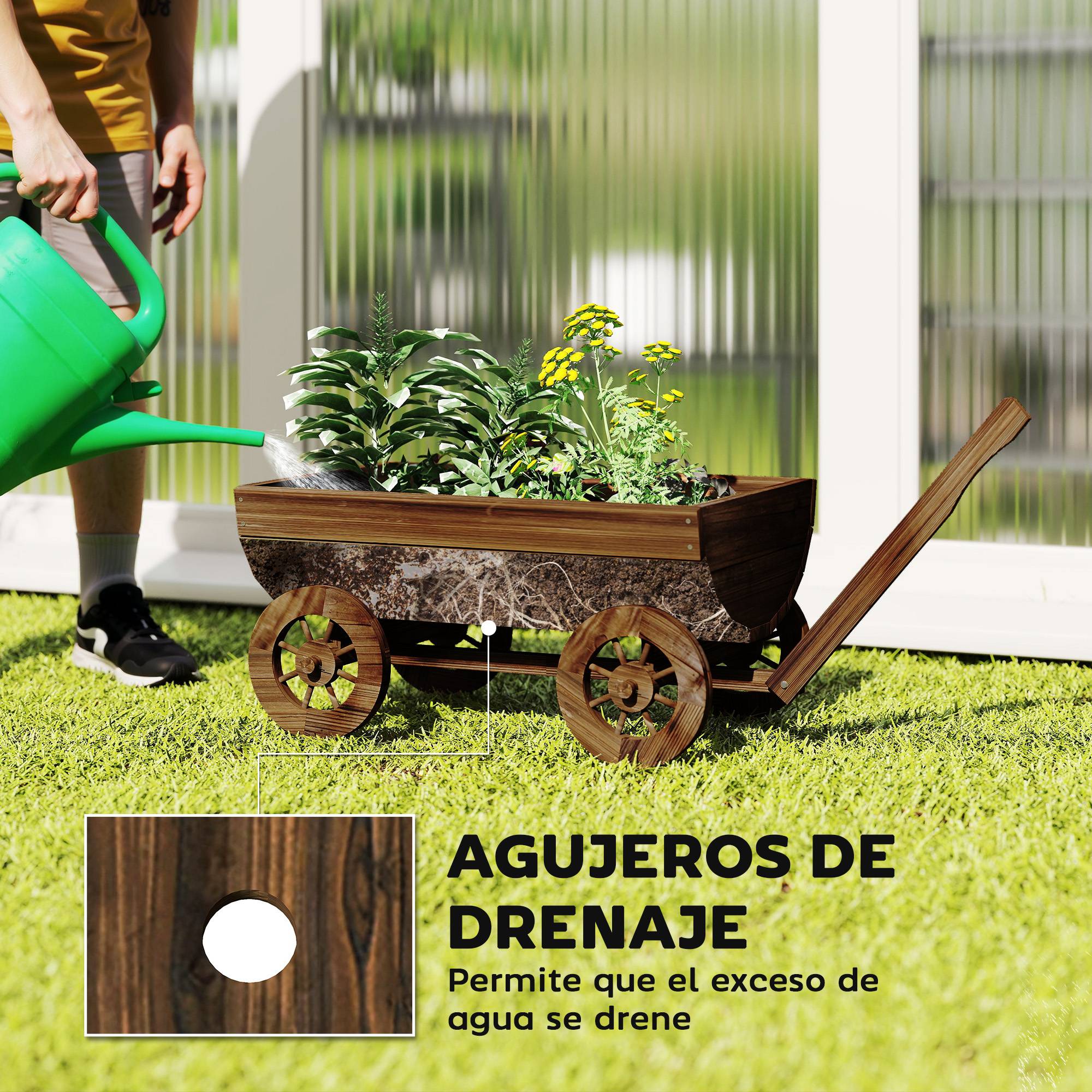 Chariot en bois à 4 roues avec poignée, jardinière d'extérieur avec trou de drainage, 115 x 40 x 54,5 cm, carbonisé - Image 7