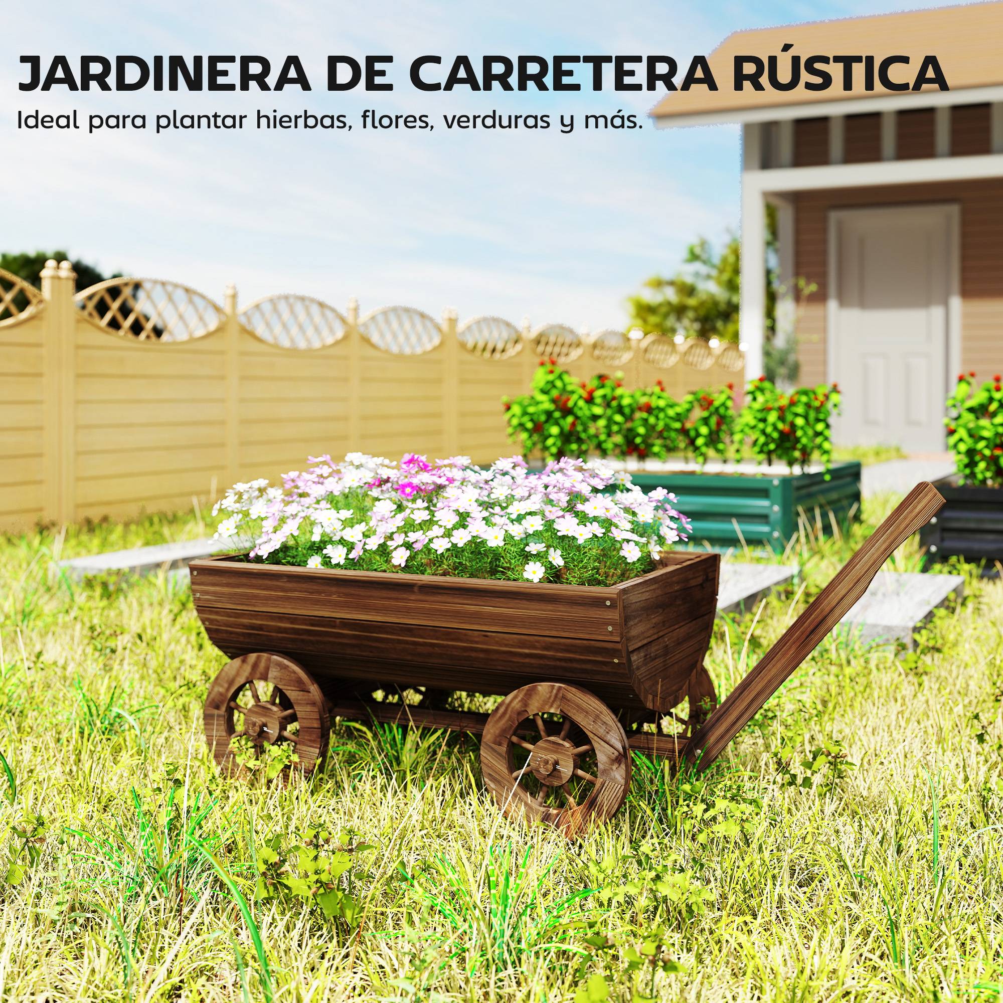 Chariot en bois à 4 roues avec poignée, jardinière d'extérieur avec trou de drainage, 115 x 40 x 54,5 cm, carbonisé - Image 6