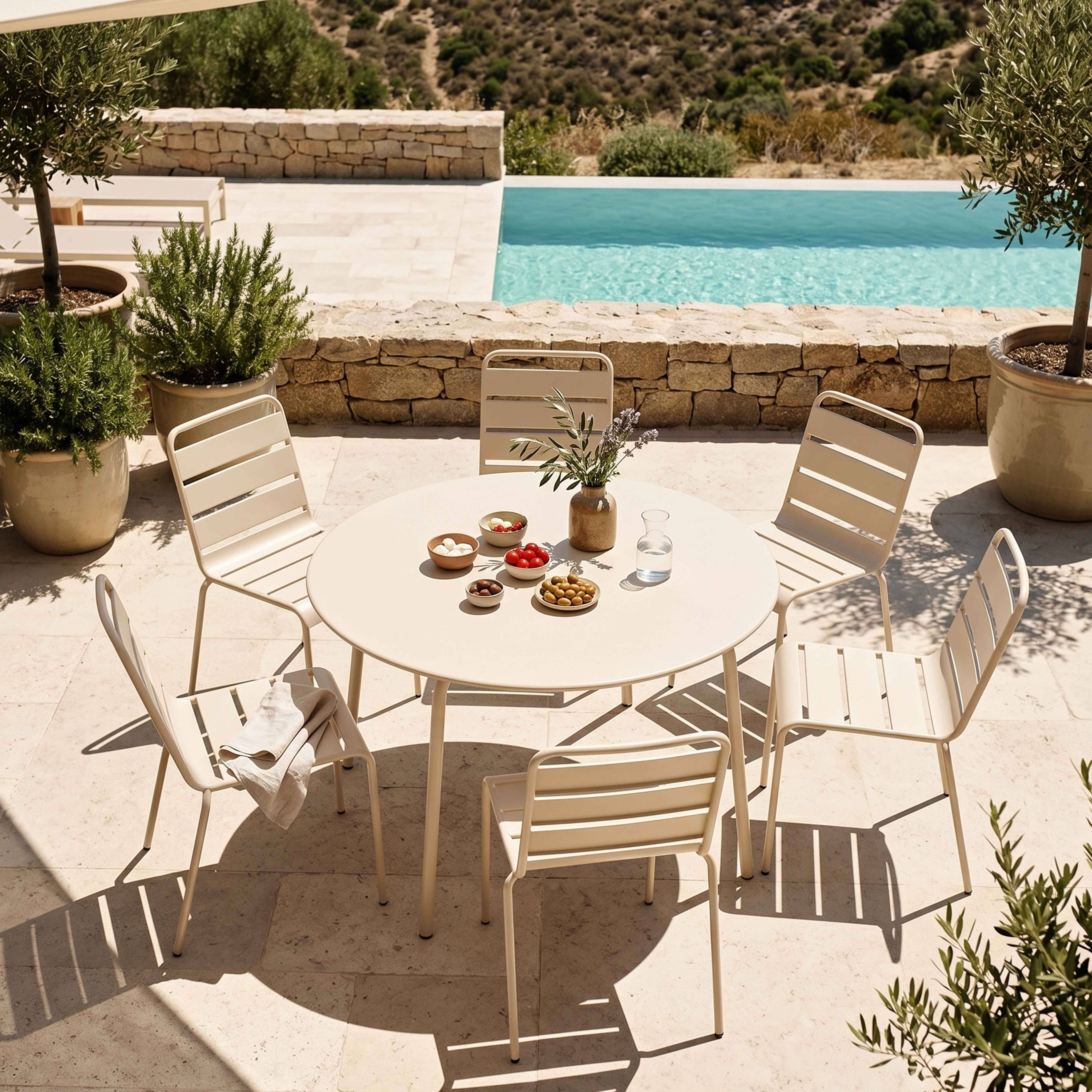 Oviala - Ensemble table de jardin ronde et 6 chaises en métal ivoire Palavas - Oviala - Imagen 2