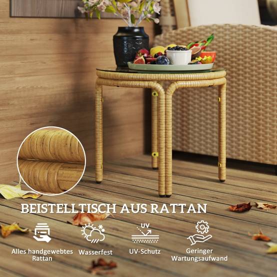Table basse ronde en polyrattan avec plateau verre Ø50cm, jaune, pour salon, jardin, terrasse et balcon - Image 4