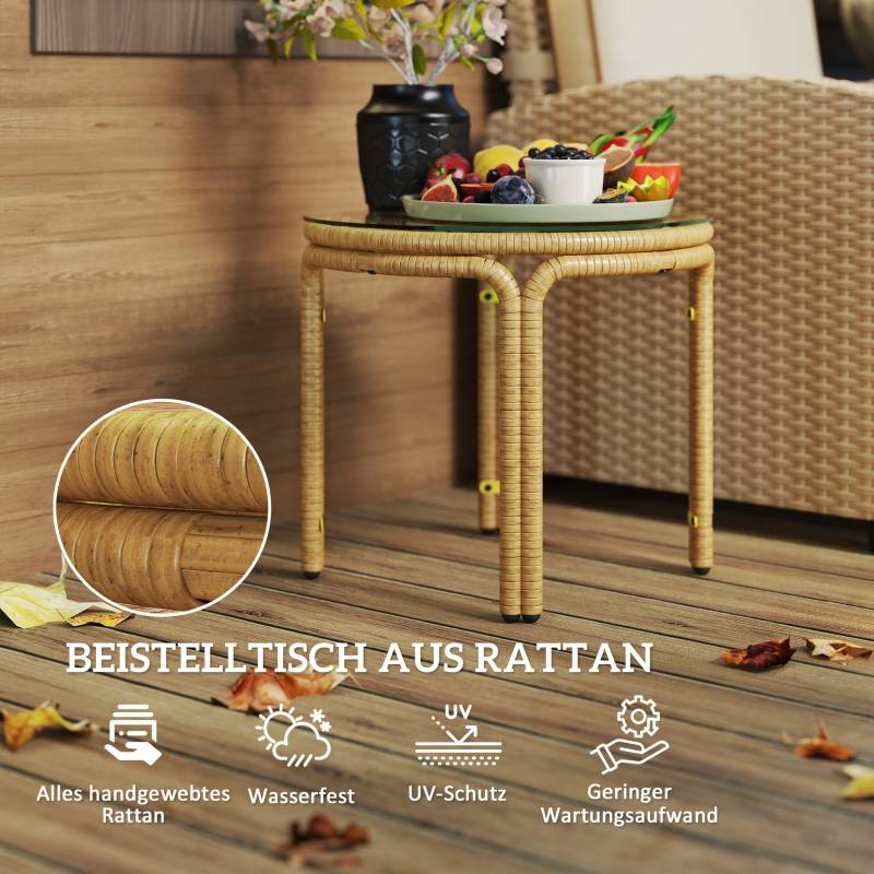 Table basse ronde en polyrattan avec plateau verre Ø50cm, jaune, pour salon, jardin, terrasse et balcon - Image 4