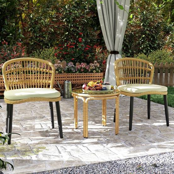 Table basse ronde en polyrattan avec plateau verre Ø50cm, jaune, pour salon, jardin, terrasse et balcon - Image 8