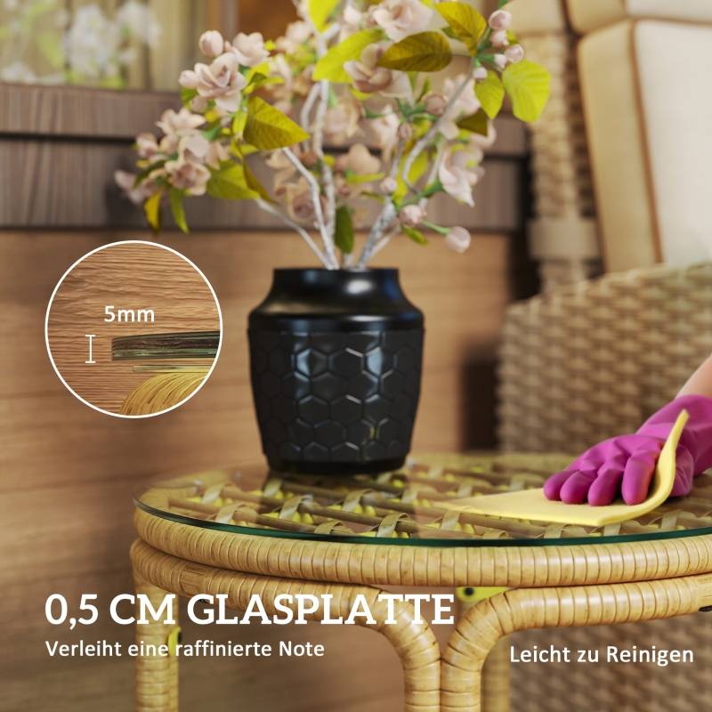 Table basse ronde en polyrattan avec plateau verre Ø50cm, jaune, pour salon, jardin, terrasse et balcon - Image 6