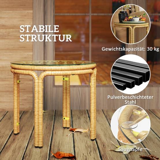 Table basse ronde en polyrattan avec plateau verre Ø50cm, jaune, pour salon, jardin, terrasse et balcon - Image 5