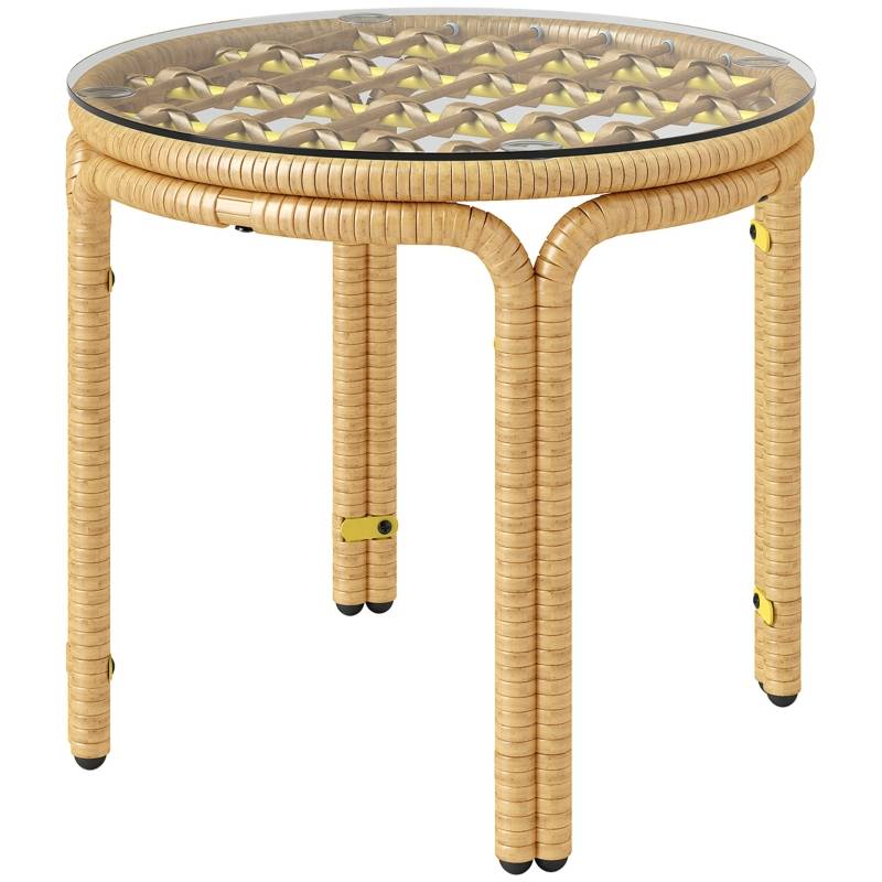 Table basse ronde en polyrattan avec plateau verre Ø50cm, jaune, pour salon, jardin, terrasse et balcon - Image 1