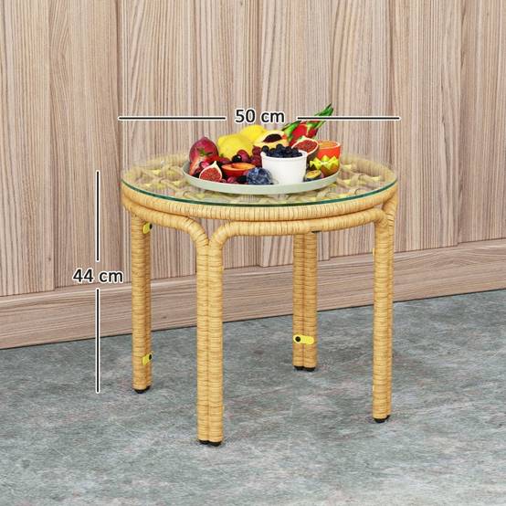 Table basse ronde en polyrattan avec plateau verre Ø50cm, jaune, pour salon, jardin, terrasse et balcon - Image 3