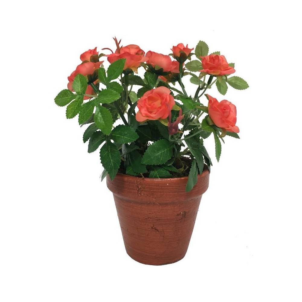 Rosier plante fleur artificielle extérieur cimetière tissu corail 23cm Chemin de campagne - Imagen 1