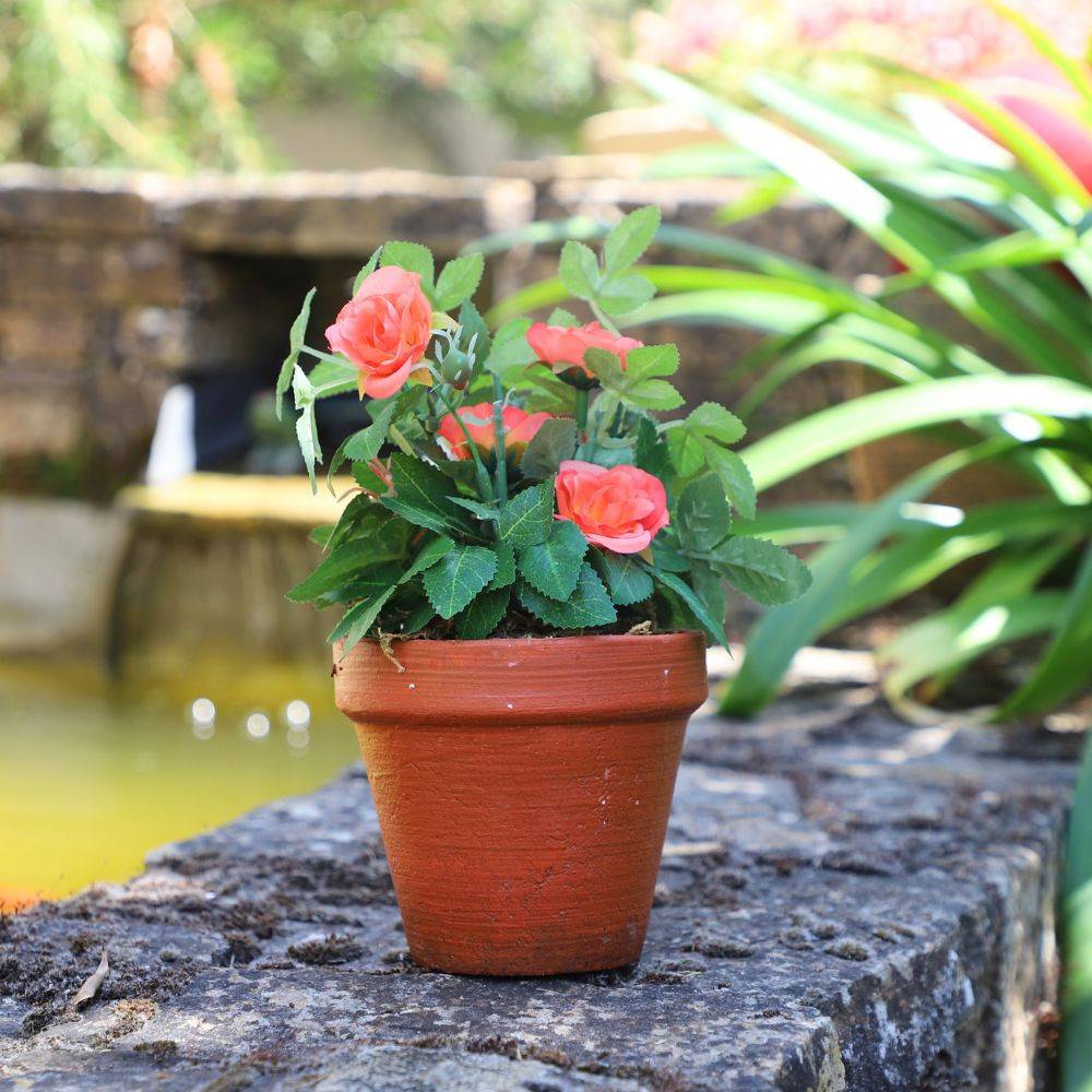 Rosier plante fleur artificielle extérieur cimetière tissu corail 23cm Chemin de campagne - Imagen 2