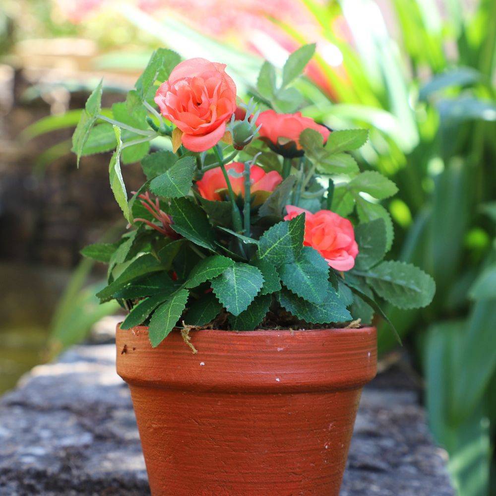 Rosier plante fleur artificielle extérieur cimetière tissu corail 23cm Chemin de campagne - Imagen 3