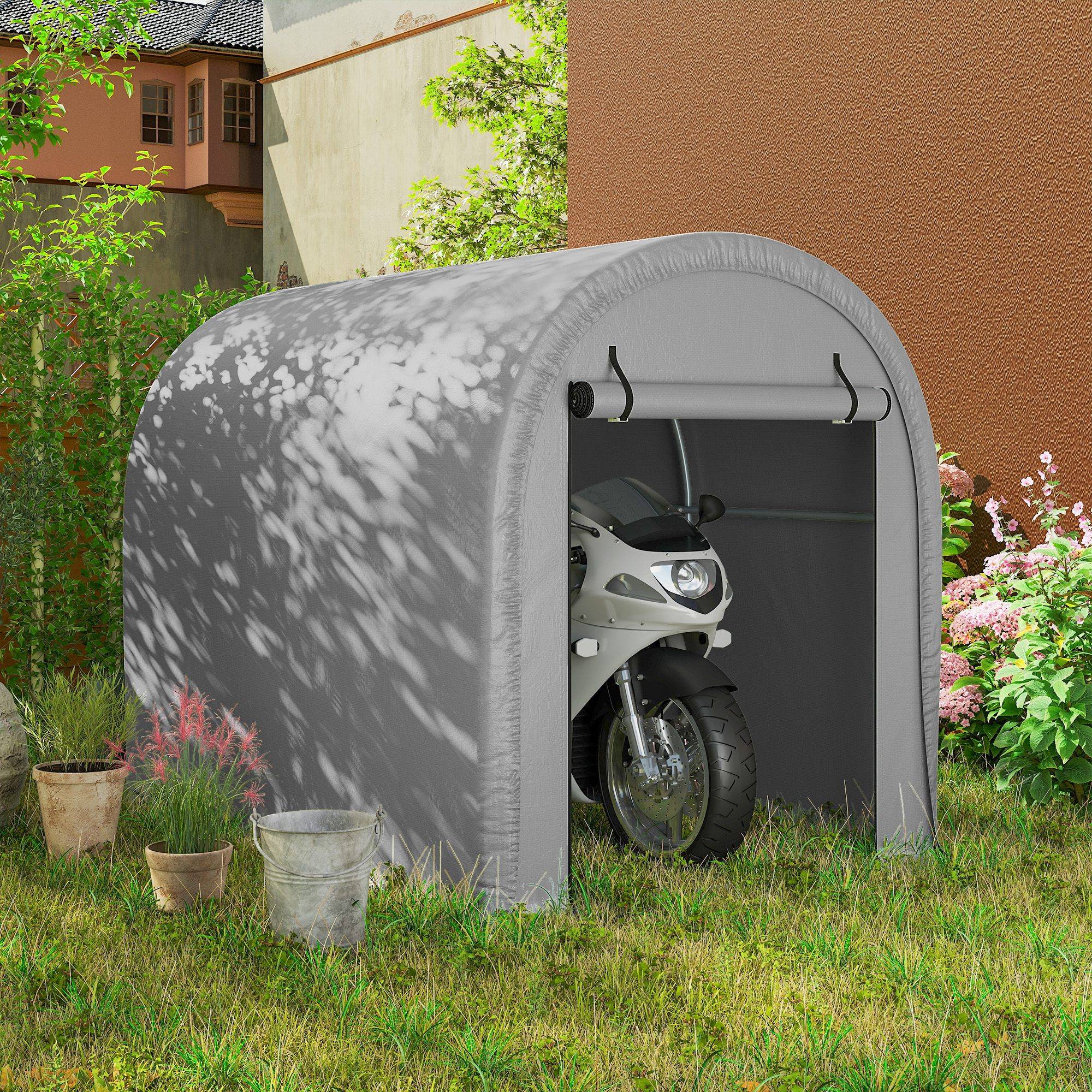 Abri moto vélo PE acier galvanisé protection intempéries 240x159x185cm gris clair - ComfortXL Outdoor Living - Image 10