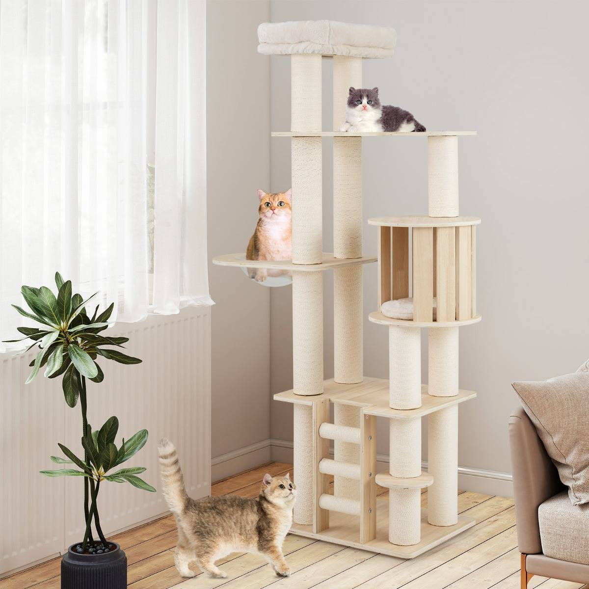 Maison Chic - Arbre à Chat 185cm en Contreplaqué Massif avec Condo Perchoir Poteaux à Griffer Échelle à 3 Marche - Image 3