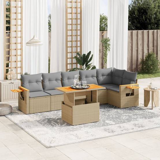 Salon de jardin 7 pcs Beige Résine Tressée Table Relevable et Tablette Latérale – ComfortXL Outdoor Living - Image 1