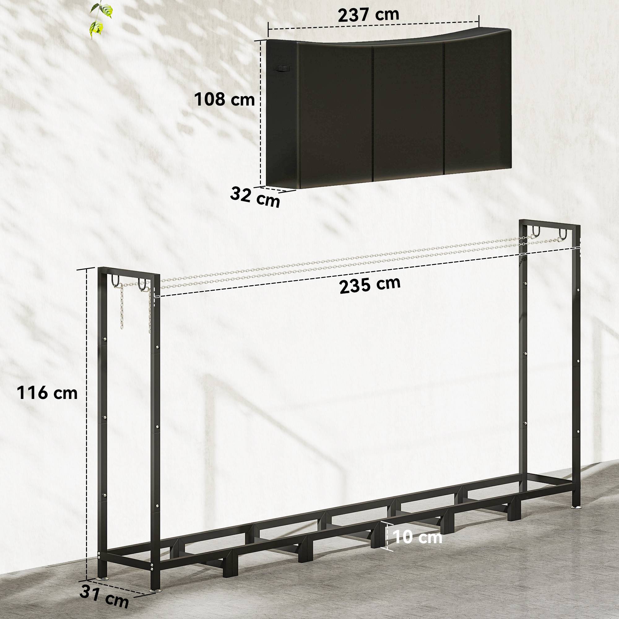 ComfortXL - Abri à bûches extérieur modulable en acier noir 235 x 31 x 116 cm avec bâche imperméable et chaînes de maintien - Image 3