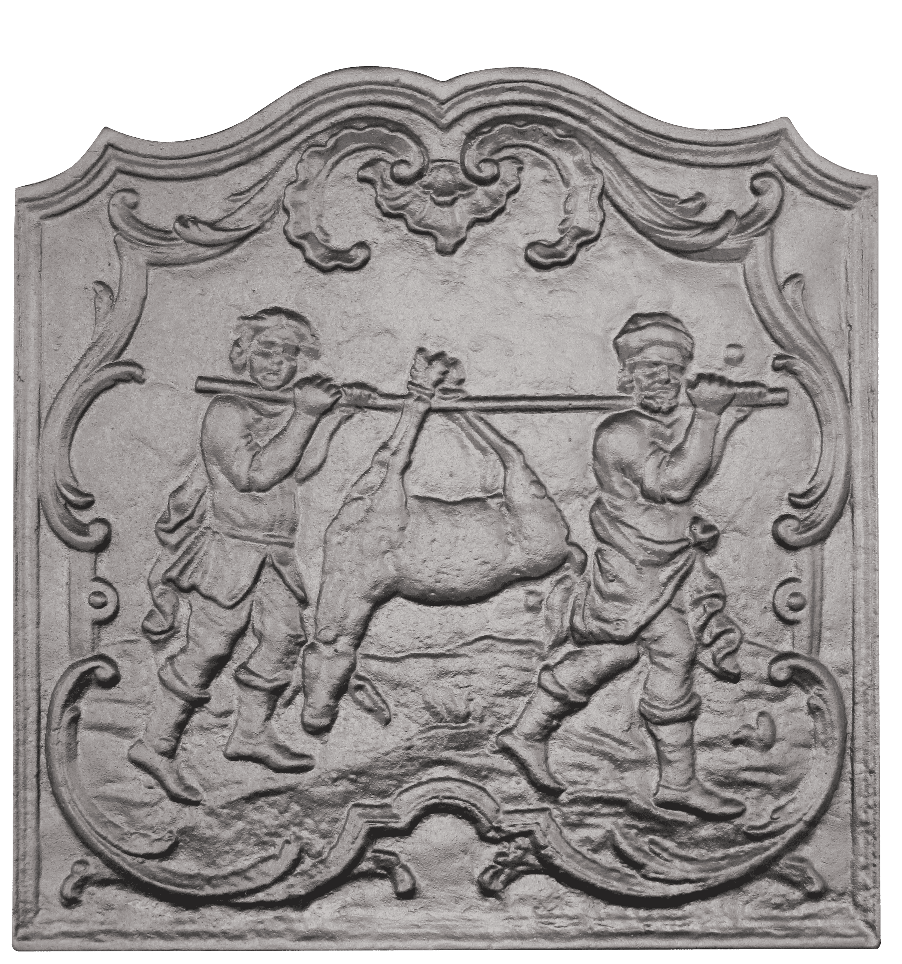 Plaque de cheminée le chasseur, son fils et la biche Dommartin grise H. 61 cm X L. 60 cm - Imagen 1