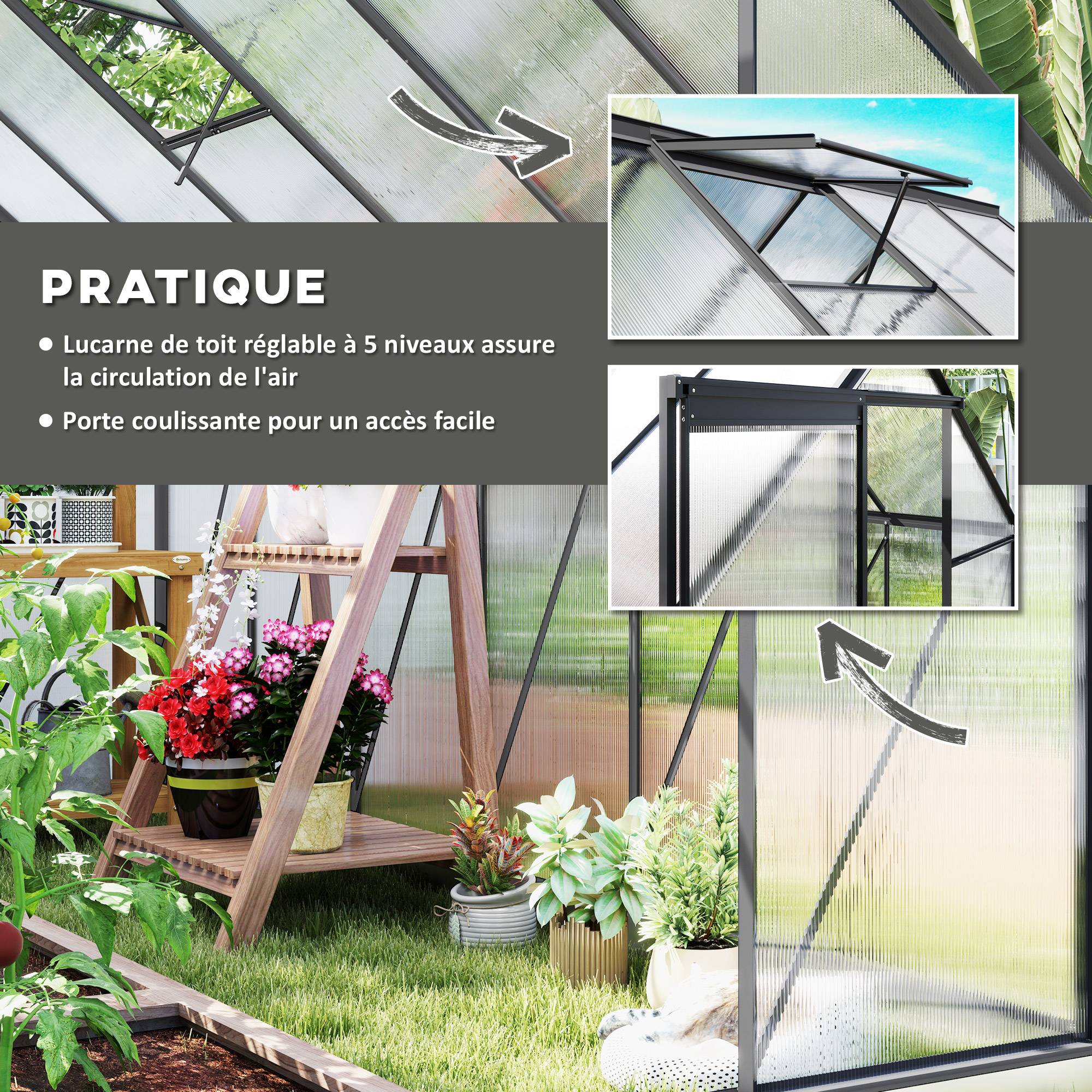 Serre de jardin Polycarbonate, alliage d'aluminium Transparent 190x375x199 cm - Image 7