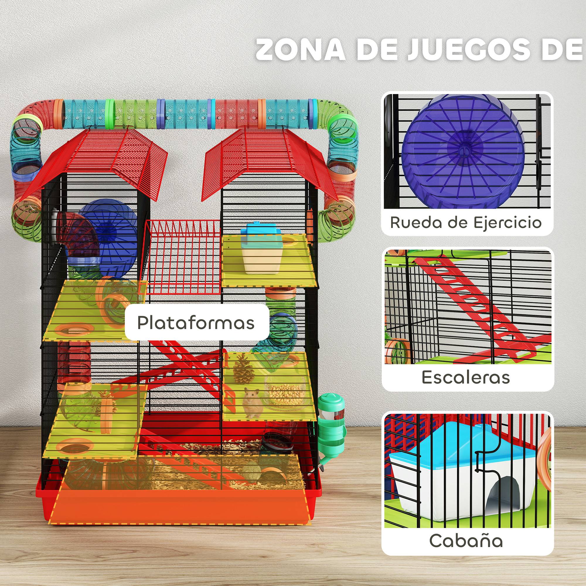 Cage hamster métal petits rongeurs 5 niveaux avec accessoires 47x30x59cm rouge - ComfortXL Outdoor Living - Image 6