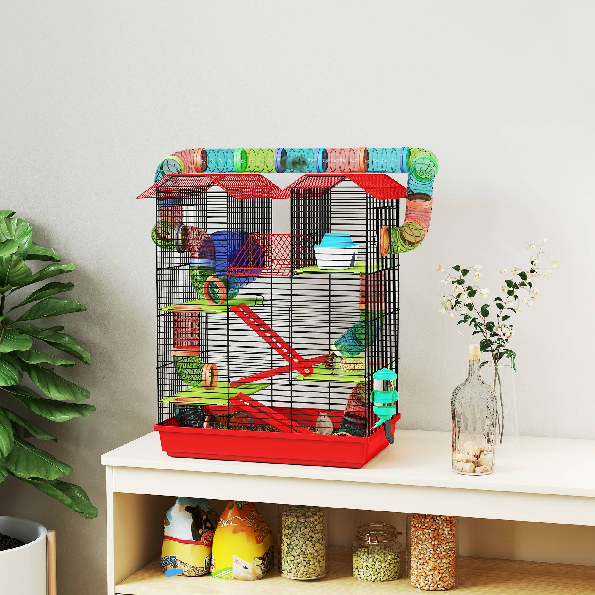 Cage hamster métal petits rongeurs 5 niveaux avec accessoires 47x30x59cm rouge - ComfortXL Outdoor Living - Image 3
