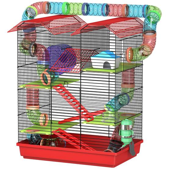 Cage hamster métal petits rongeurs 5 niveaux avec accessoires 47x30x59cm rouge - ComfortXL Outdoor Living - Image 2