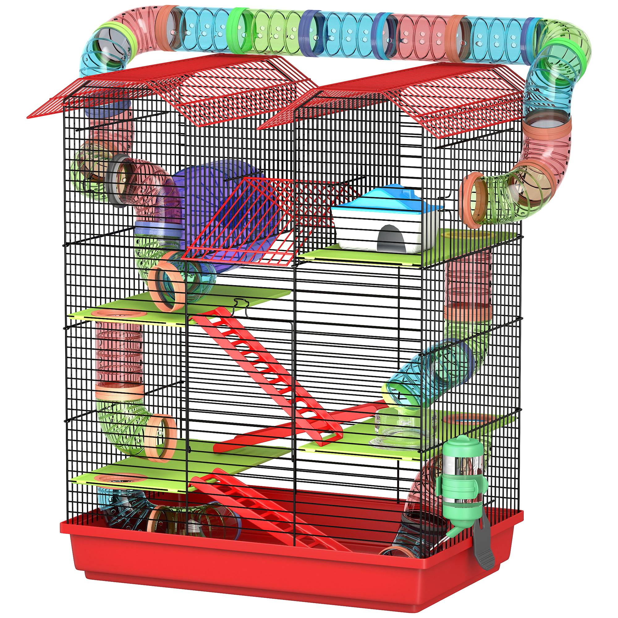 Cage hamster métal petits rongeurs 5 niveaux avec accessoires 47x30x59cm rouge - ComfortXL Outdoor Living - Image 2