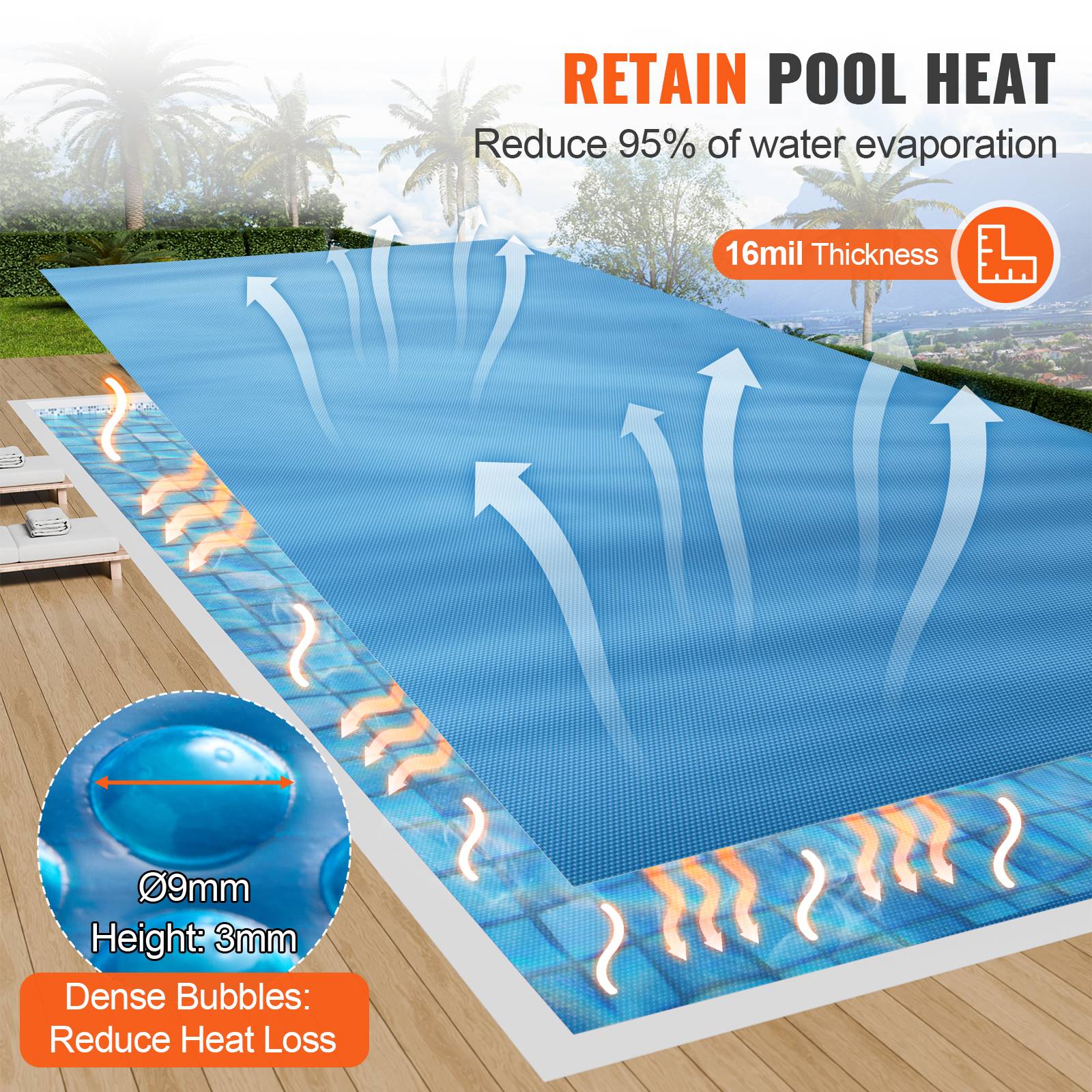 Vevor - Couverture solaire piscine 10,97 x 5,49 m, PE 0,4 mm, réduit évaporation et chauffe l’eau, couleur bleue - Image 3