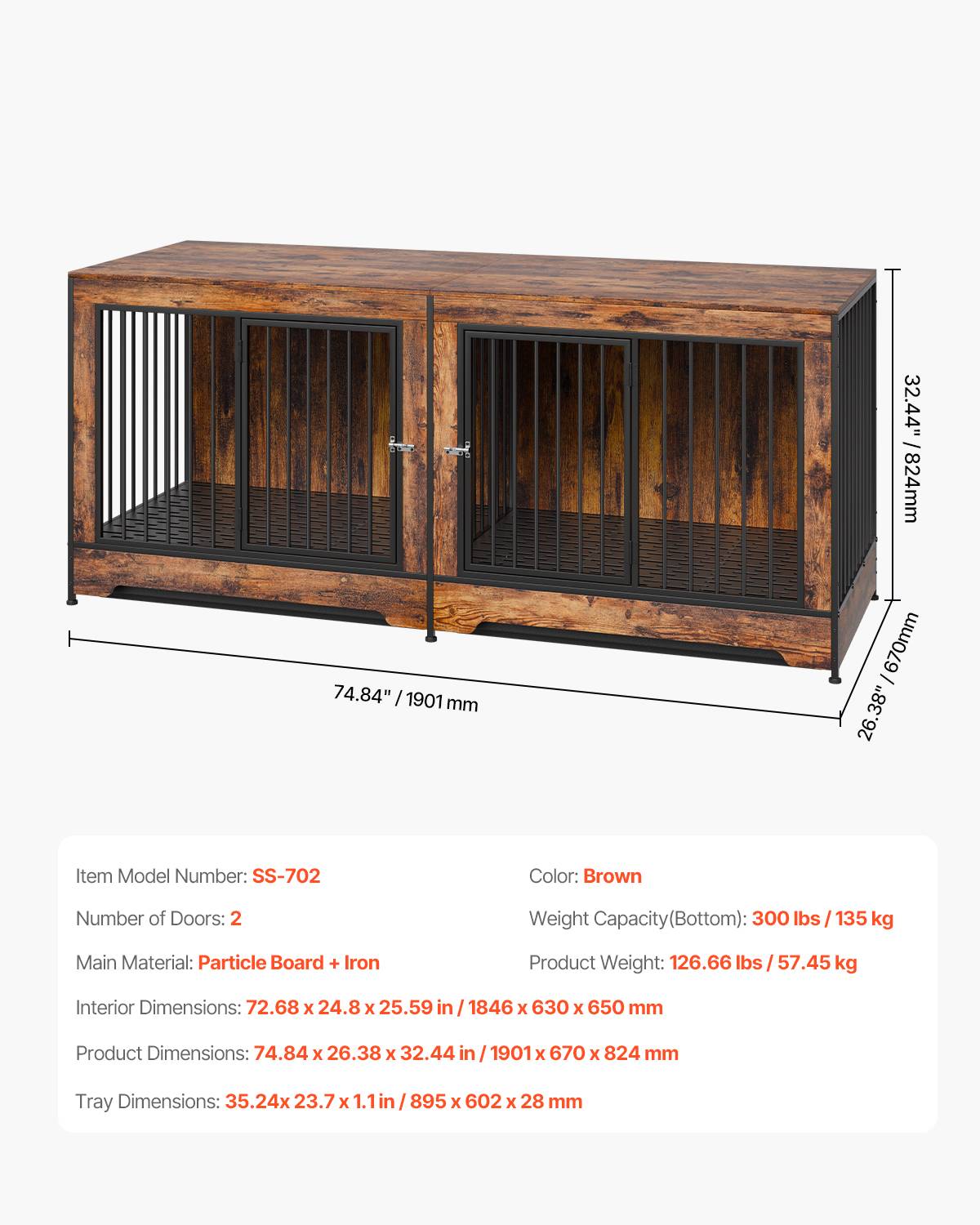VEVOR Cage chien meuble bois, 1901x670x824 mm. Porte coulissante, plateau amovible. - Image 7