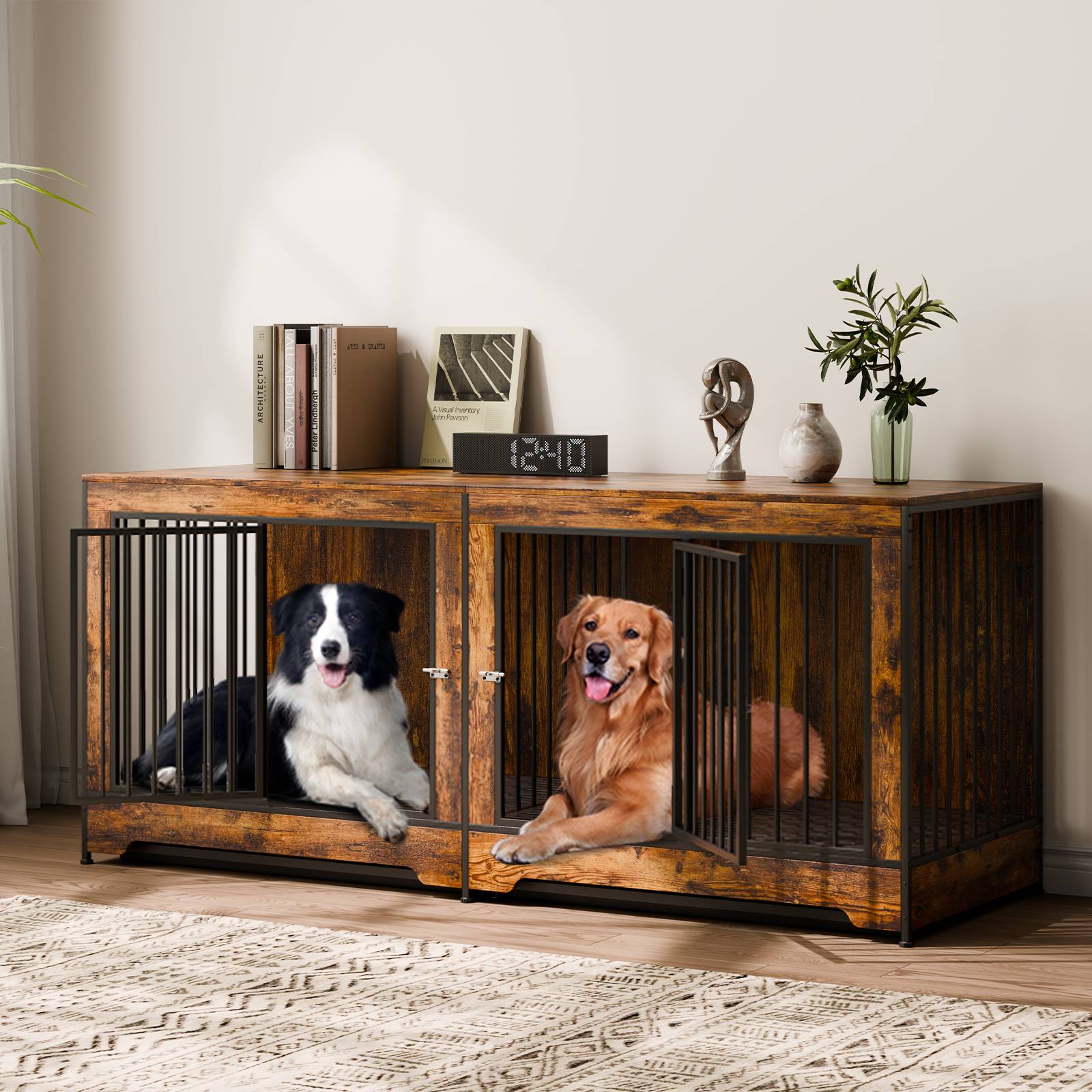 VEVOR Cage chien meuble bois, 1901x670x824 mm. Porte coulissante, plateau amovible. - Image 8