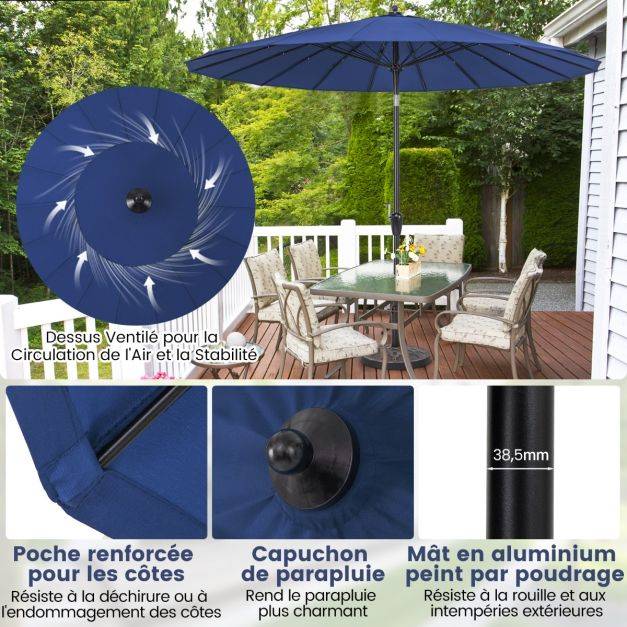 Helloshop26 - Parasol de terrasse rond de 265 cm parasol avec 18 baleines en fibre de verre inclinaison à bouton-poussoir manivelle toile résistante bleu - Imagen 3