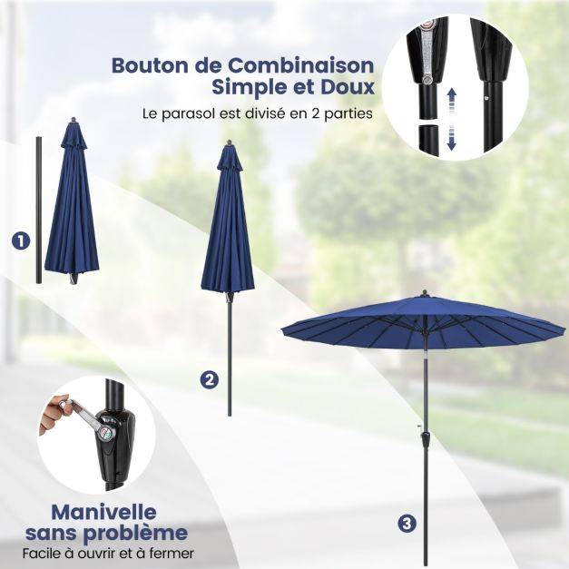Helloshop26 - Parasol de terrasse rond de 265 cm parasol avec 18 baleines en fibre de verre inclinaison à bouton-poussoir manivelle toile résistante bleu - Imagen 5