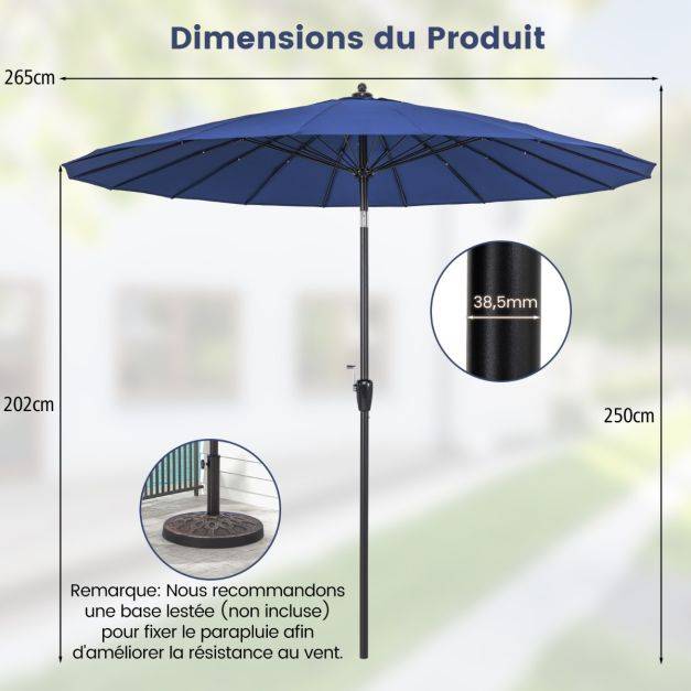 Helloshop26 - Parasol de terrasse rond de 265 cm parasol avec 18 baleines en fibre de verre inclinaison à bouton-poussoir manivelle toile résistante bleu - Imagen 6