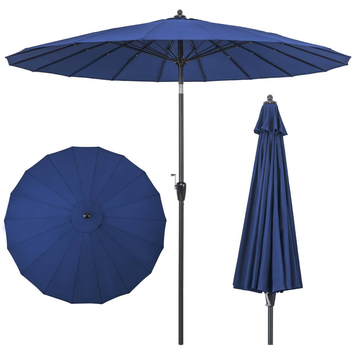 Helloshop26 - Parasol de terrasse rond de 265 cm parasol avec 18 baleines en fibre de verre inclinaison à bouton-poussoir manivelle toile résistante bleu - Imagen 1