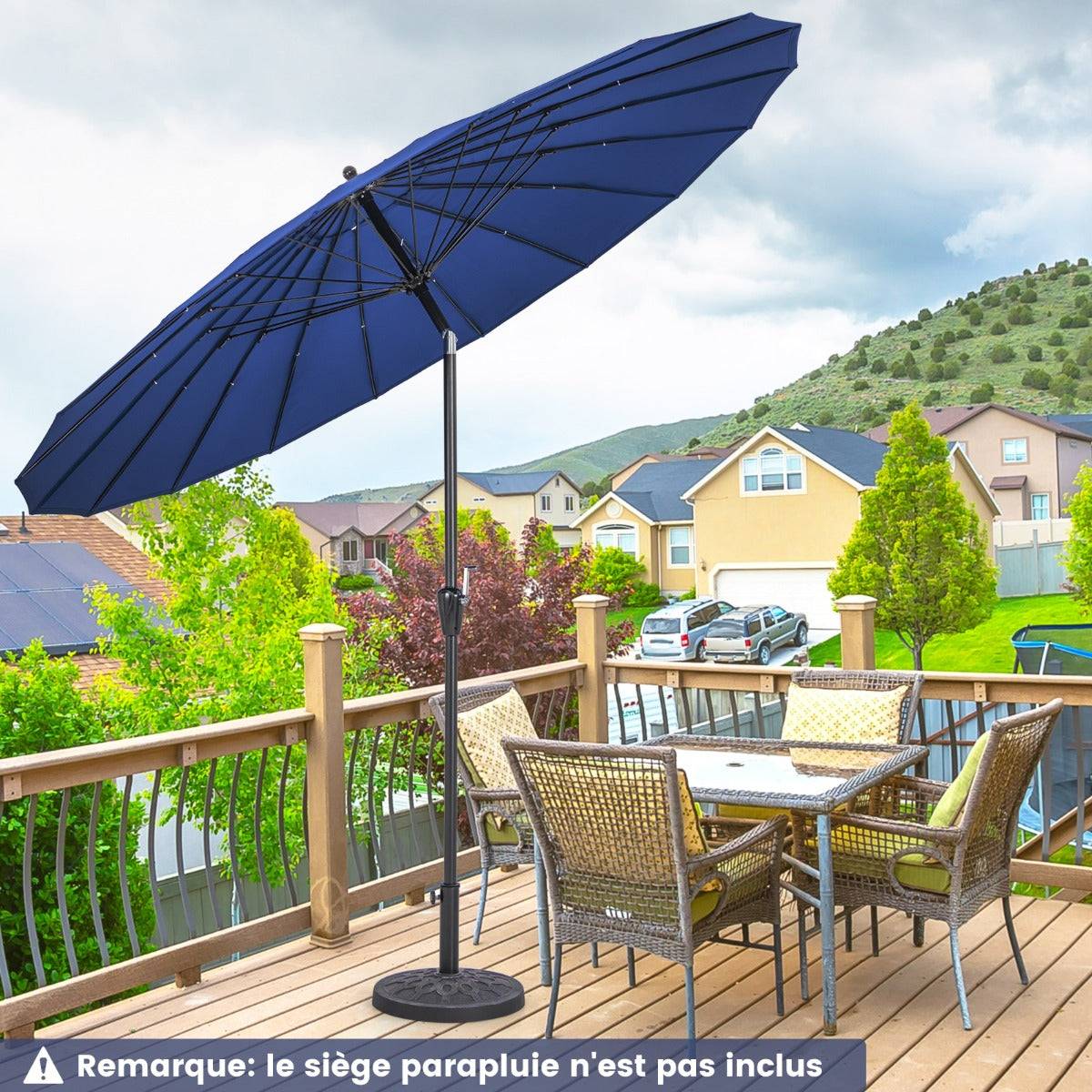 Helloshop26 - Parasol de terrasse rond de 265 cm parasol avec 18 baleines en fibre de verre inclinaison à bouton-poussoir manivelle toile résistante bleu - Imagen 2