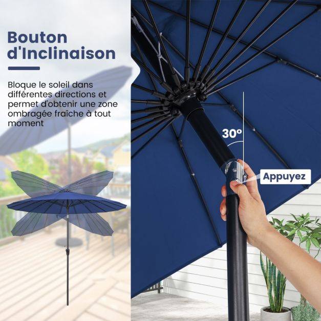 Helloshop26 - Parasol de terrasse rond de 265 cm parasol avec 18 baleines en fibre de verre inclinaison à bouton-poussoir manivelle toile résistante bleu - Imagen 4