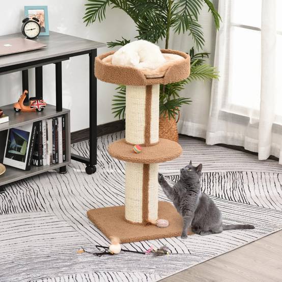 Arbre à chat de 91 cm avec poteaux en sisal, plateforme, coussins, griffoir à plusieurs niveaux, pour chats de taille moyenne, marron clair - Image 2