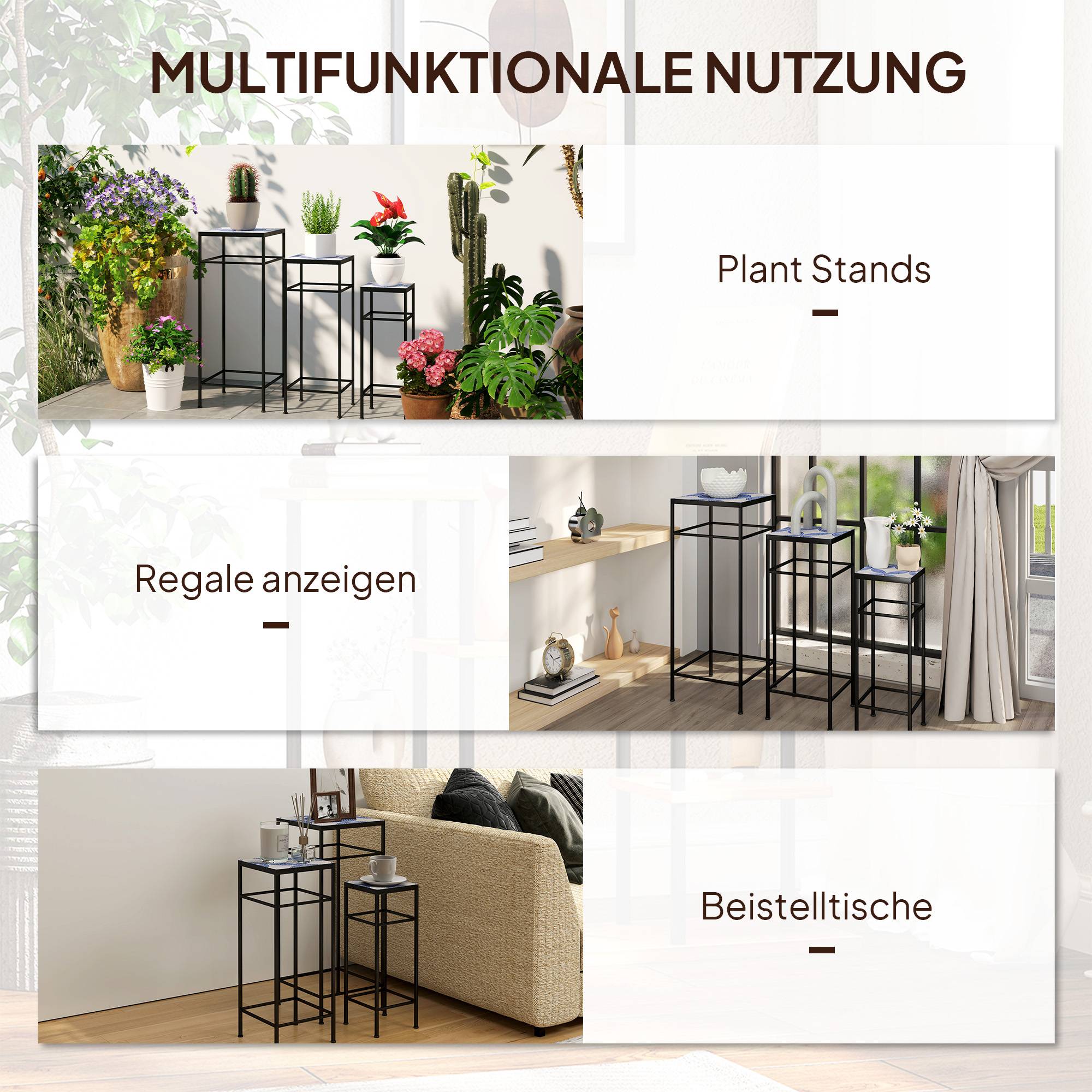 Set 3 supports plantes, 3 tailles, présenter fleurs et objets, bleu + blanc - Image 9