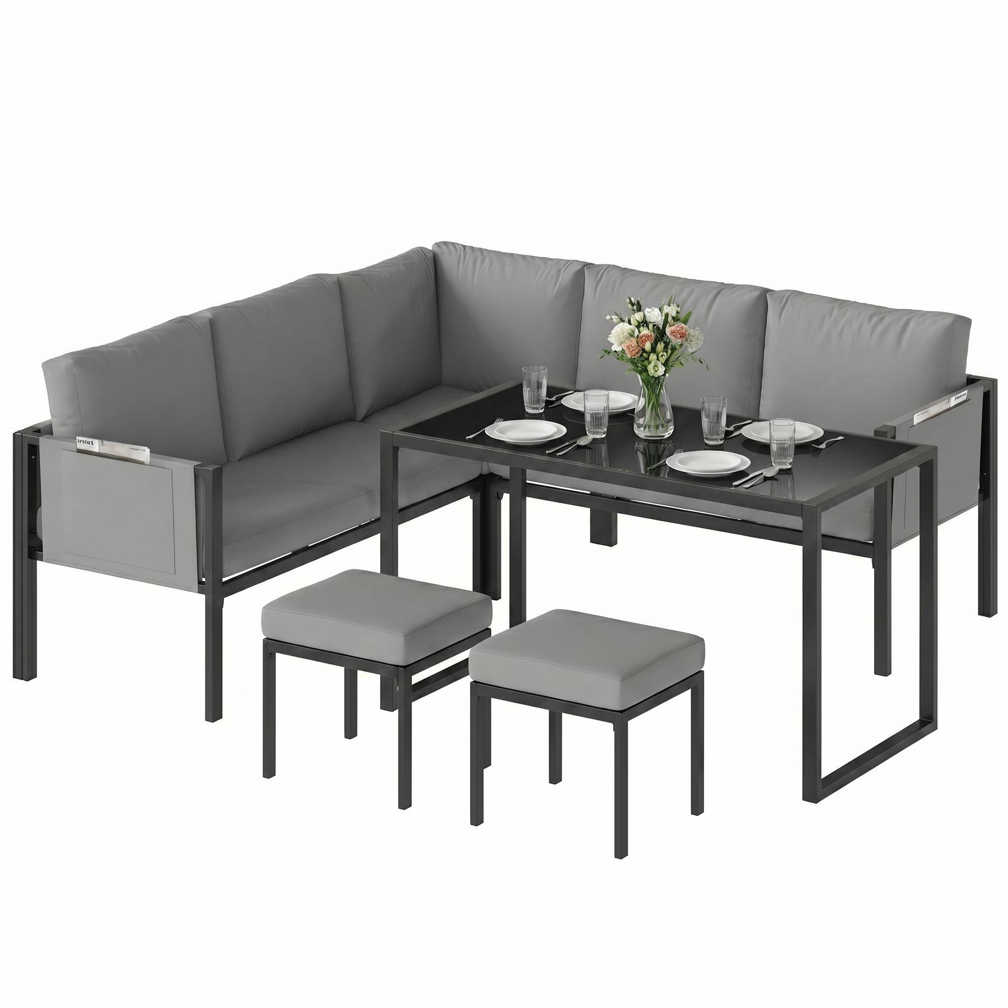 Salon de Jardin Canapé d'Angle Extérieur 6 Pièces Coussins 10cm Table Haute et 2 Repose-pieds Gris