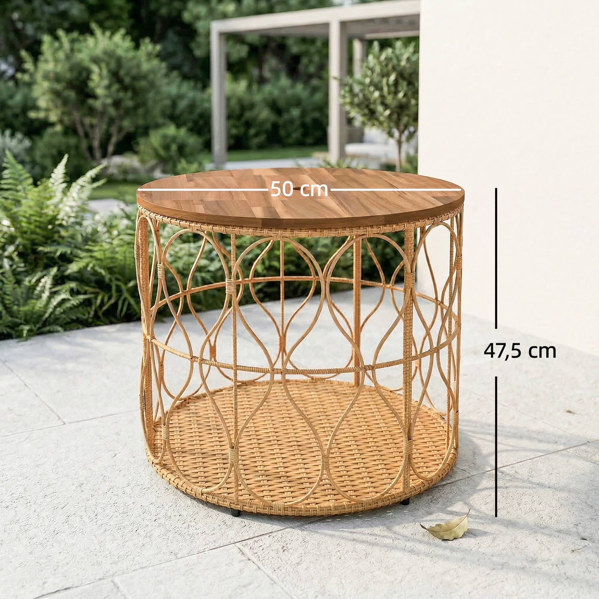Table d'appoint extérieure bois d'acacia et résine tressée beige et teck 50 x 50 x 47.5 cm - PANGIVO - Image 5