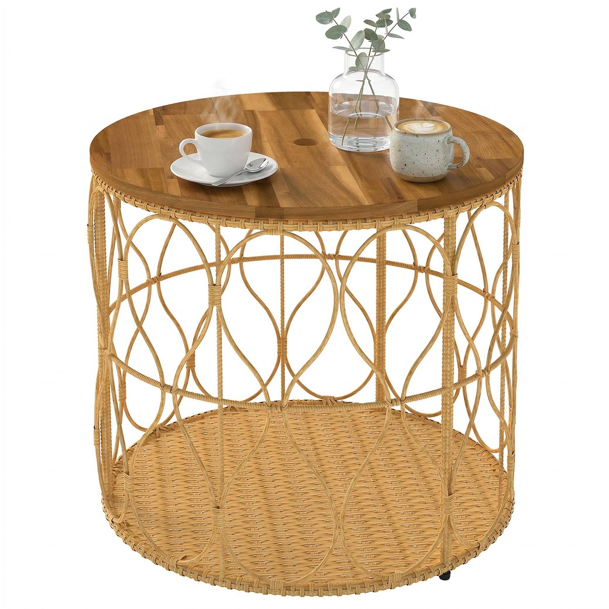 Table d'appoint extérieure bois d'acacia et résine tressée beige et teck 50 x 50 x 47.5 cm - PANGIVO