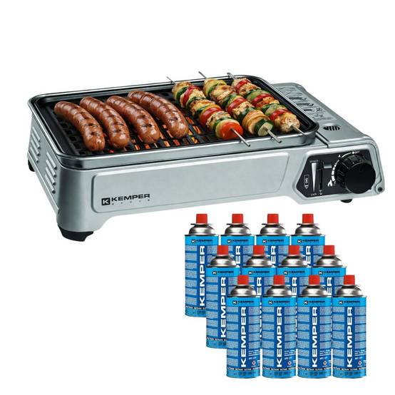 Barbecue à gaz 1900W Grille anti adhesive + 12 cartouches gaz camping KEMPER - Imagen 1