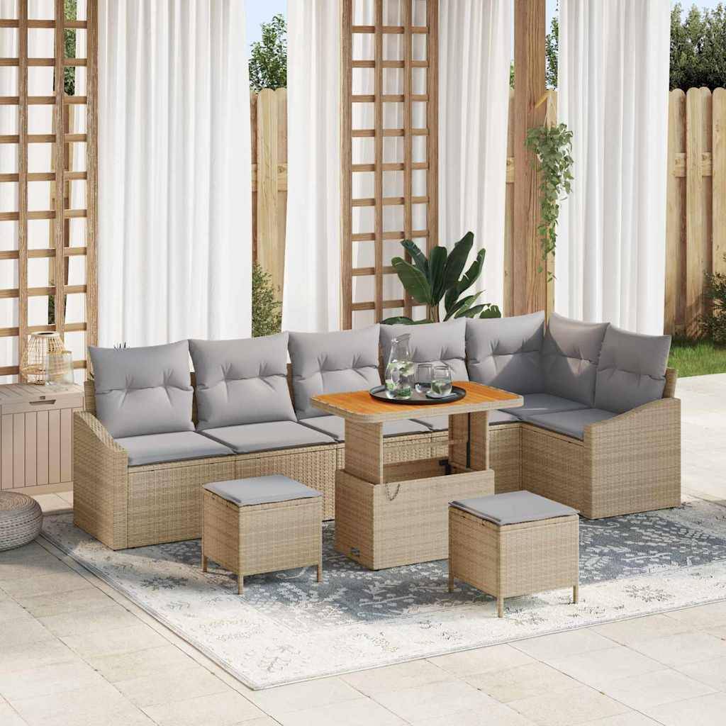 Salon de jardin 8 places résine tressée et acacia avec poufs modulable pour terrasse beige 9 pcs – ComfortXL Outdoor Living - Image 1