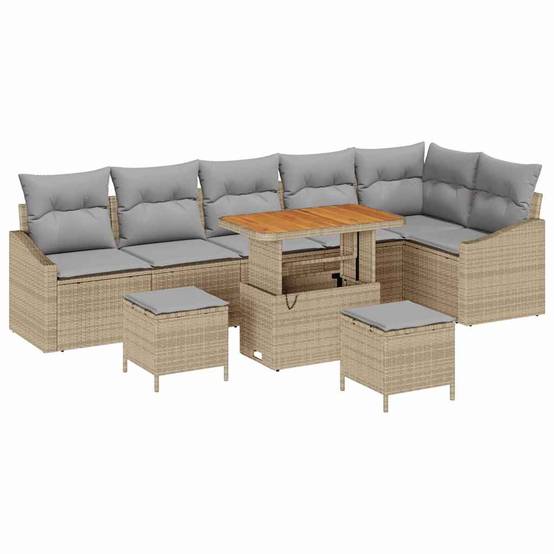 Salon de jardin 8 places résine tressée et acacia avec poufs modulable pour terrasse beige 9 pcs – ComfortXL Outdoor Living - Image 2