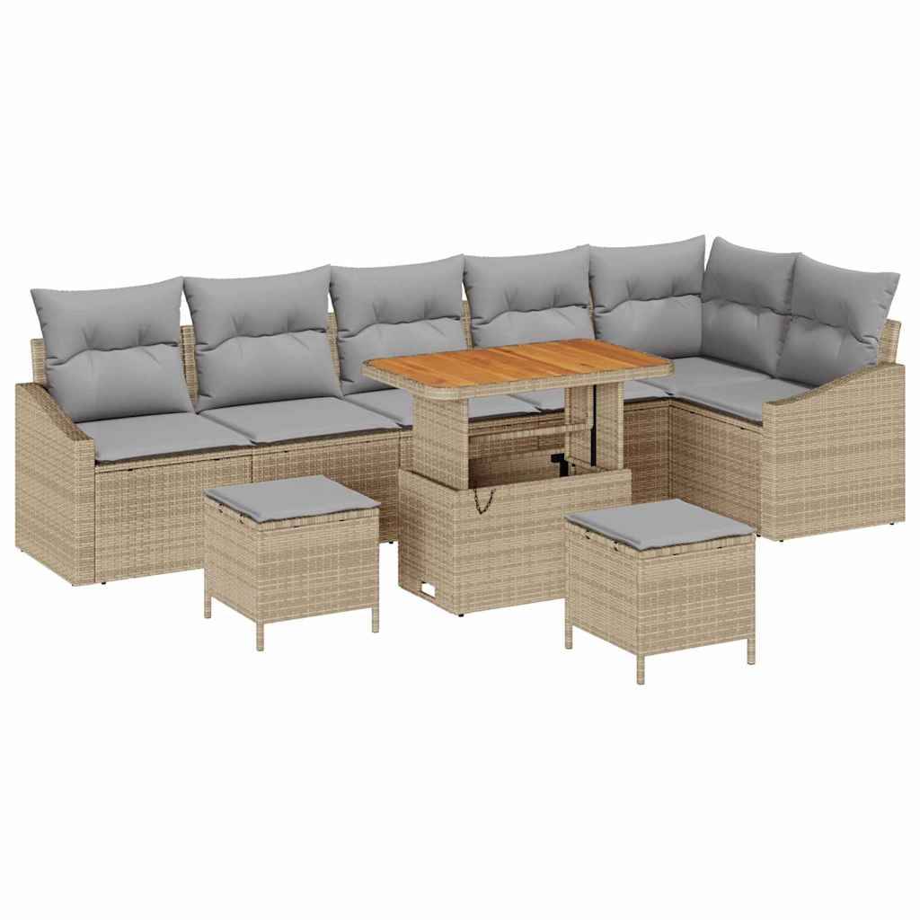 Salon de jardin 8 places résine tressée et acacia avec poufs modulable pour terrasse beige 9 pcs – ComfortXL Outdoor Living - Image 2