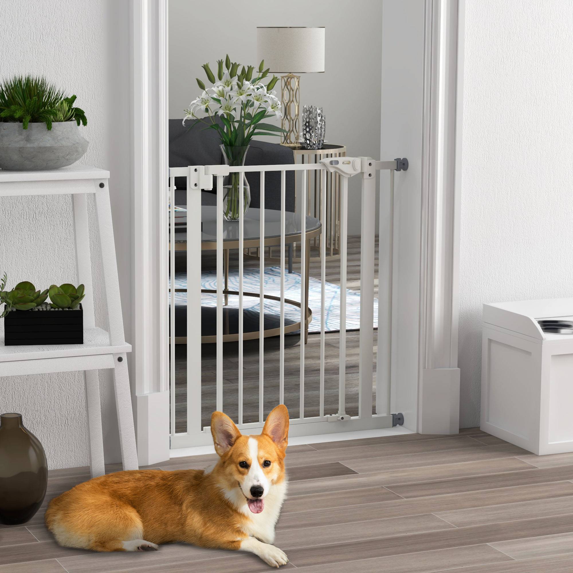 Barrière de porte pour chien, protection animal, métal, plastique, 74-80 cm, blanc - Image 3
