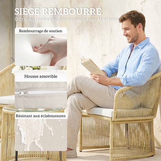 Salon de jardin 2 places résine tressée balcon terrasse confort coussins crème - ComfortXL Outdoor Living - Image 9