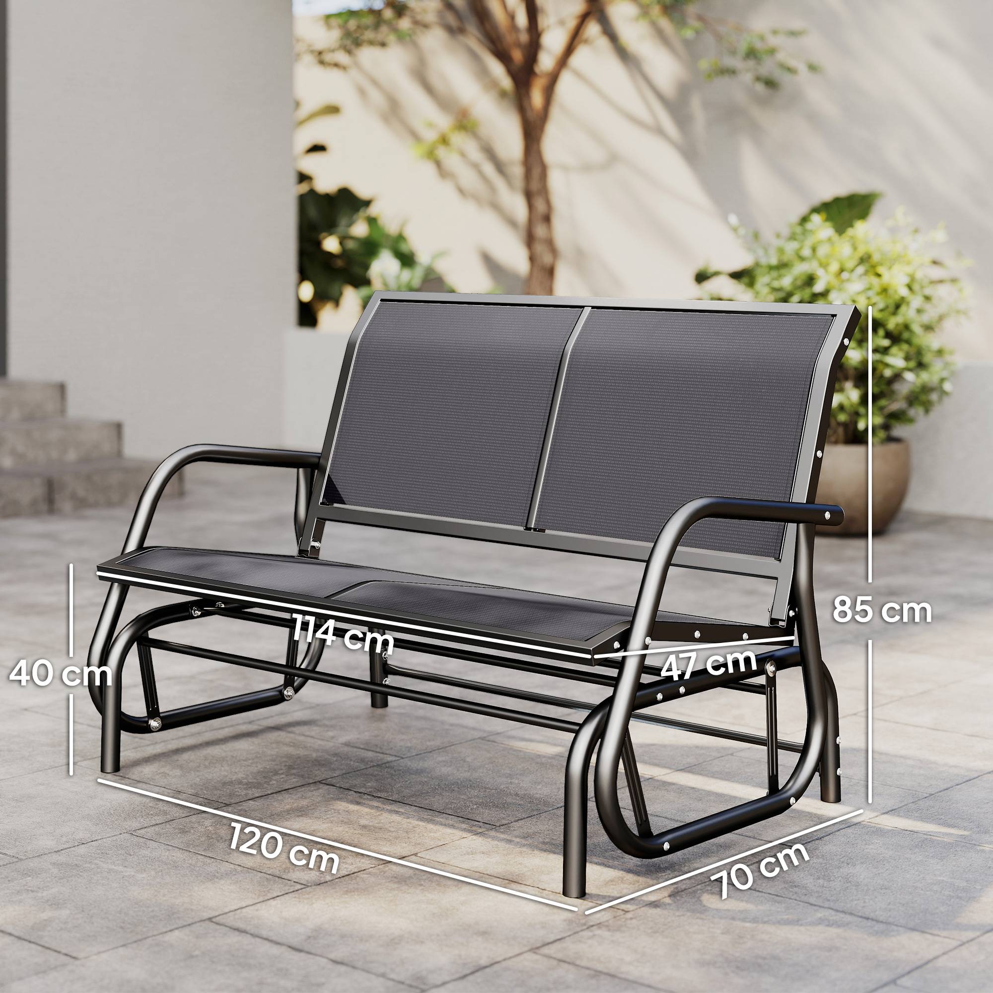 Banc à bascule métal balcon 2 places assise ergonomique textilène 120cm gris - ComfortXL Outdoor Living - Image 5